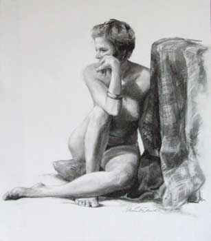 drawing of a female nude seated in profile on floor